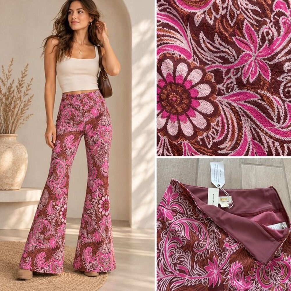 $128 NEW Size 1 Flare Pants Anthropologie Maeve Floral Paisley Jacquard Retro 70